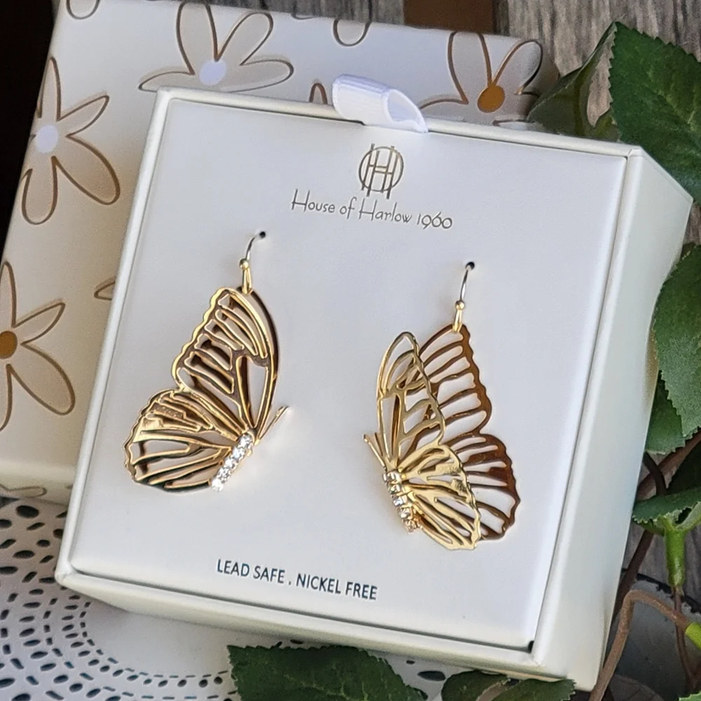 NWT House of Harlow 1960 gold drop butterfly earrings with clear rhinestones - Picture 1 of 5